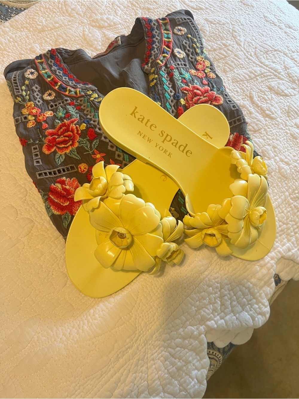 kate spade Yellow Floral Applique Slide Sandals